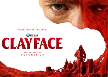 Official key art for DC Studios' Clayface, showing a face dissolving into red clay over a city skyline, with the tagline Look Fear in the Face