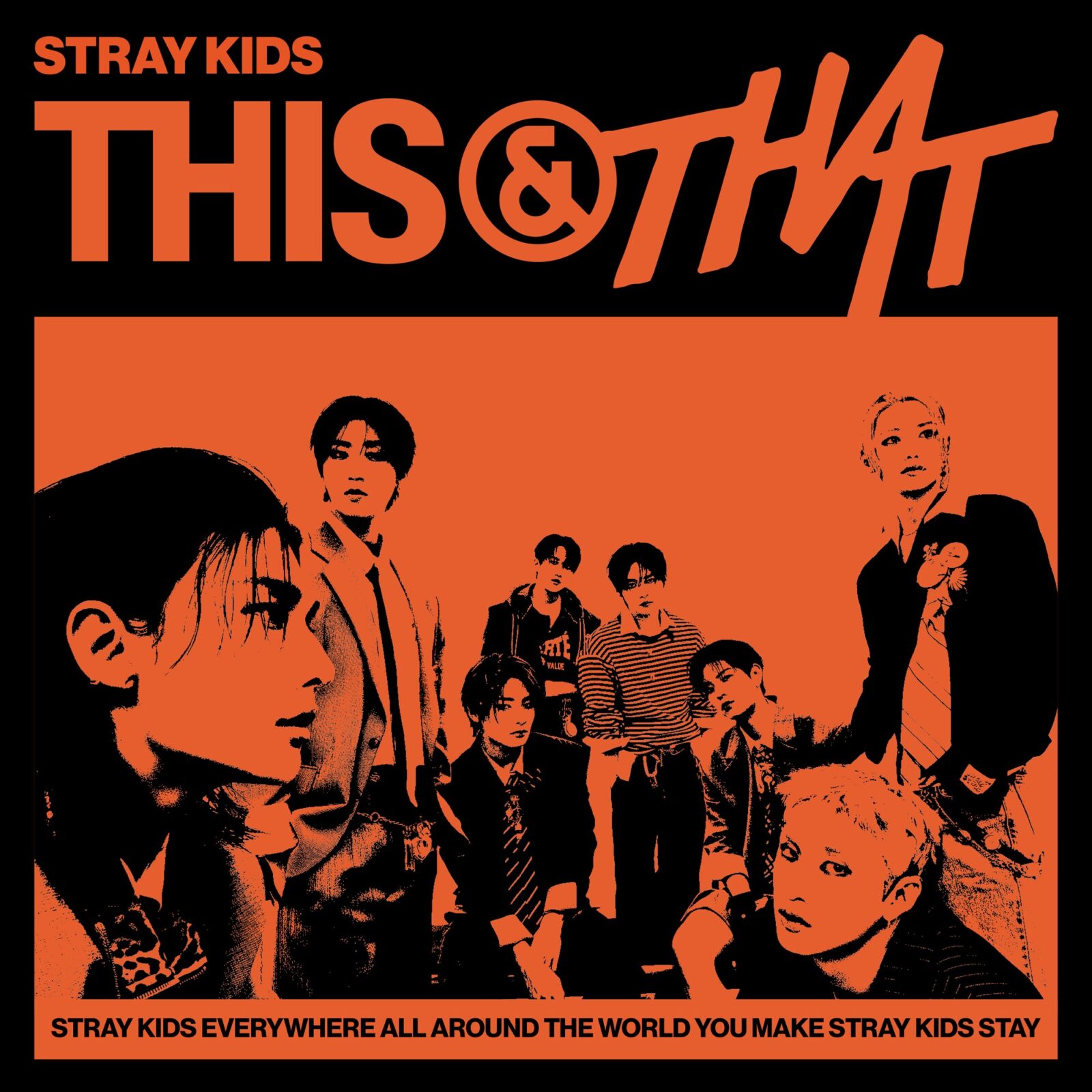 Official cover art for Stray Kids' album THIS & THAT, showing the members in orange and black