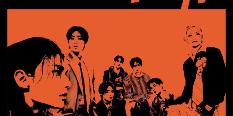 Official cover art for Stray Kids' album THIS & THAT, showing the members in orange and black